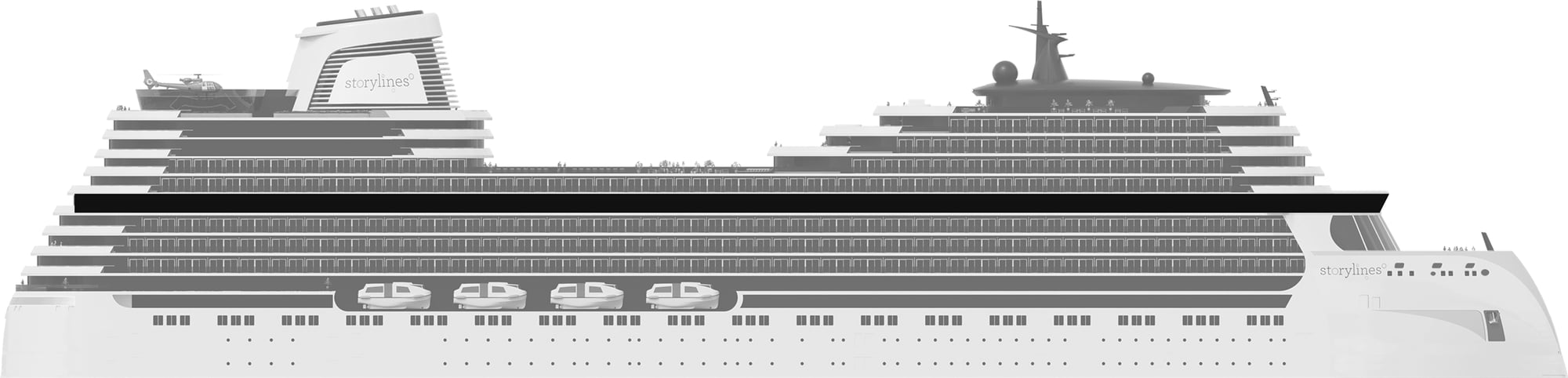 Profile shot of Storylines Cruise ship apartments showing the location of Deck 12