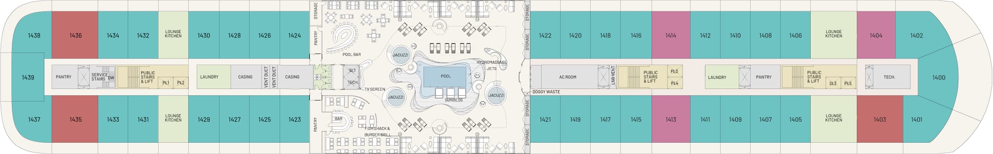 Floorplan of Deck 14 showing the location of the condos on the cruise ship