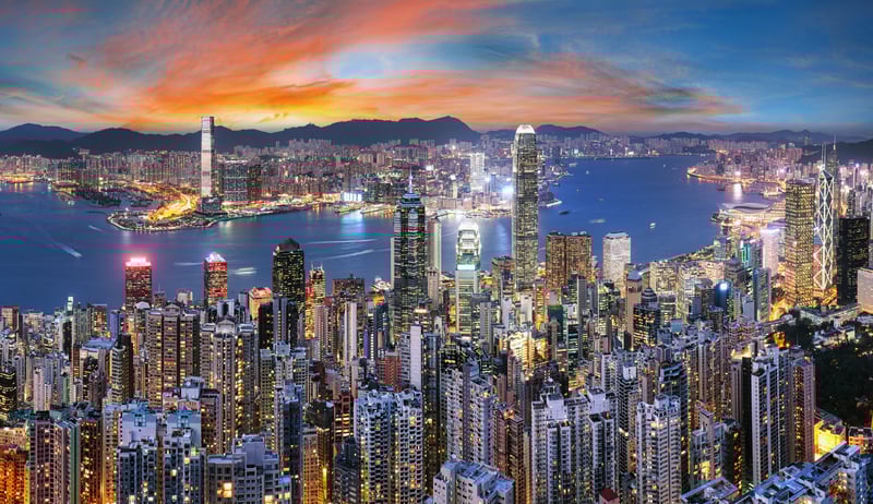 Nigh time view of Hong Kong skyline from Victoria peak at night, China, one of the world's most scenic walks in a most beautiful city